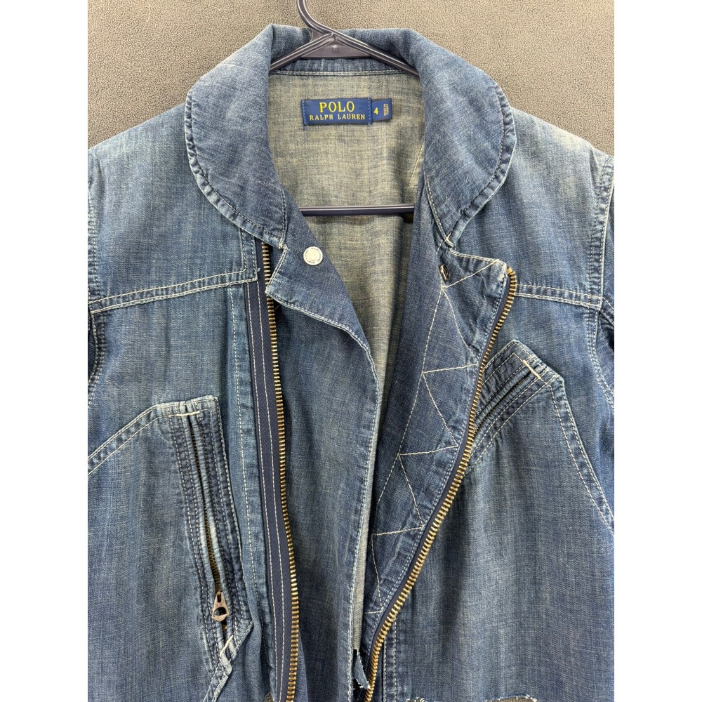 Polo Ralph Lauren Denim Moto Jacket Blue Cropped Raw Hem Biker Coat Womens Sze 4